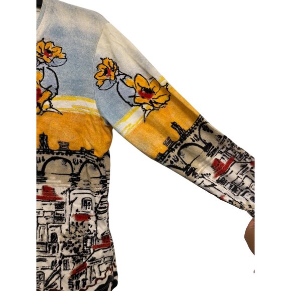 Chicos Multicolor Cityscape & Floral Print V-Neck Cotton 3/4 Sleeve Womens Top S - Picture 5 of 8